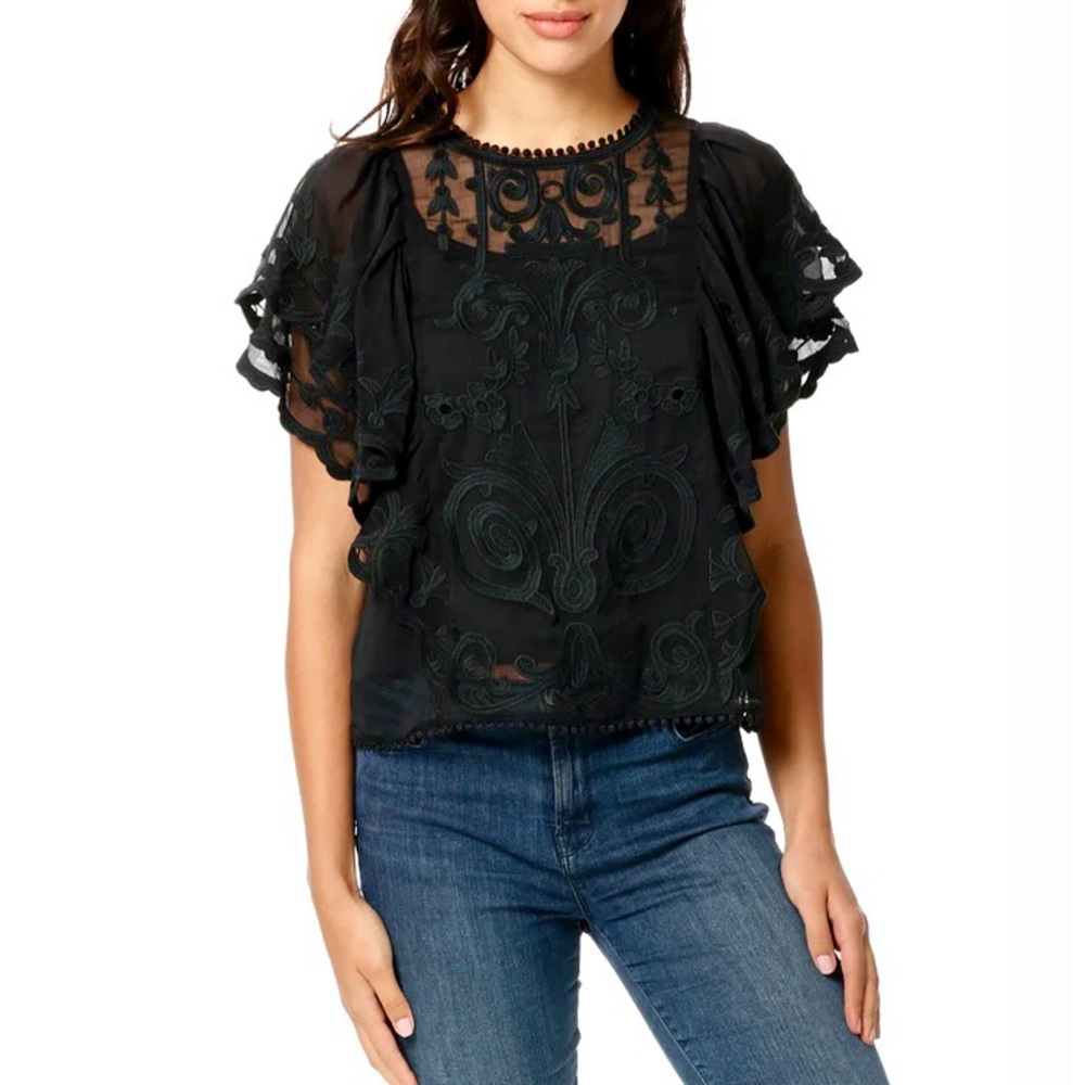 STELLAH FLUTTER SLEEVE TOP WITH EMBROIDERY DETAILS